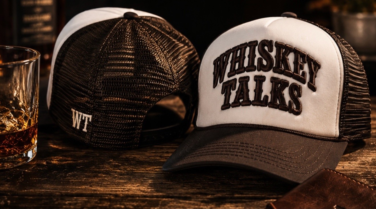 Whiskey Talks embroidered trucker hat in brown and white