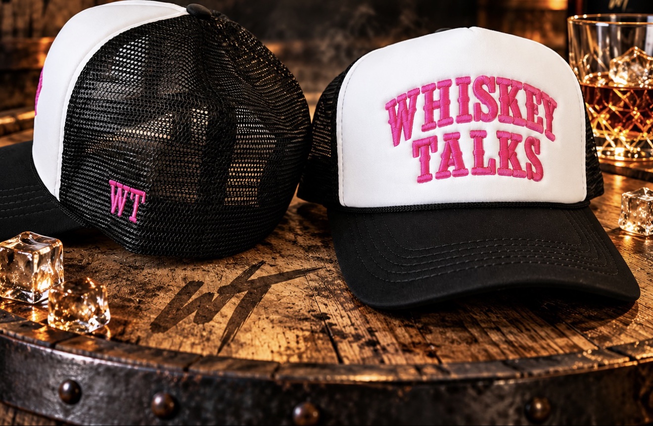Whiskey Talks trucker hat with hot-pink embroidery