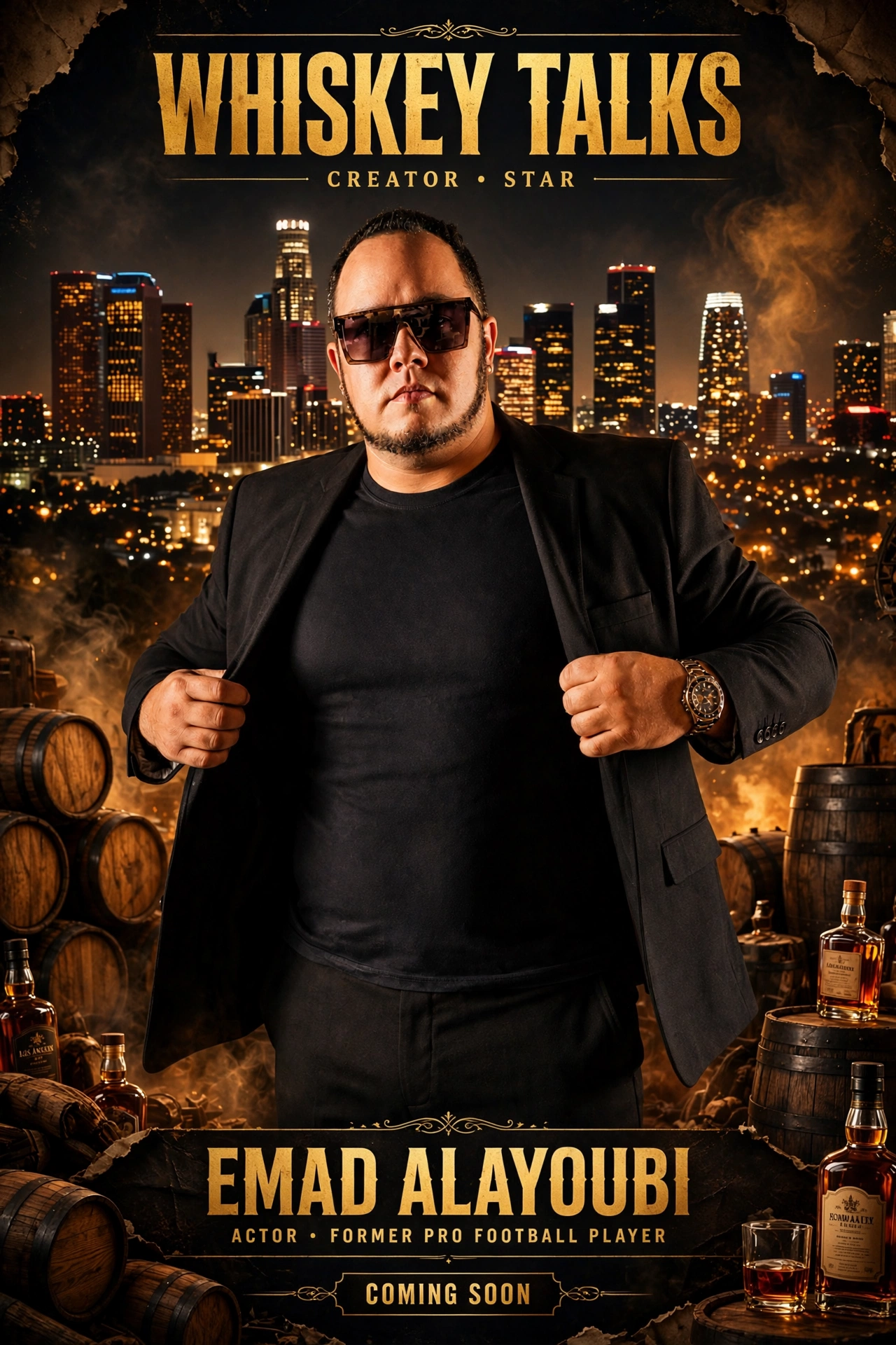 Emad Alayoubi in black against the night lights of Los Angeles